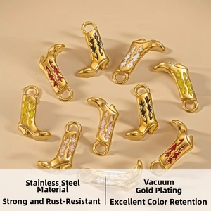 Detailed view of stainless steel cowboy boot charms with colorful enamel and gold plating