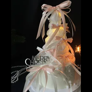Christmas Tree Cake Topper With LED Light Ribbon Bows Artificial Pearls Merry Christmas Sign Handmade Festive Party Decoration