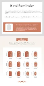 Detailed size chart for press-on nails with 12 sizes featuring heart patterns