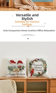 Detail of Christmas pillow cover with Santa and bird design on a cozy wooden cabinet