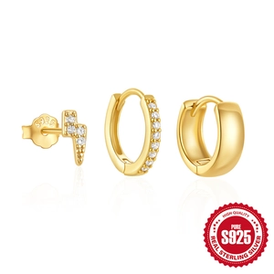 S925 sterling silver gold hoop earrings set with lightning stud and white zircon accents