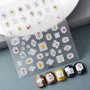 5D Embossed Nail Art Stickers 3D Stereoscopic Floral Lace Design Waterproof DIY Manicure Decals Retro French Style