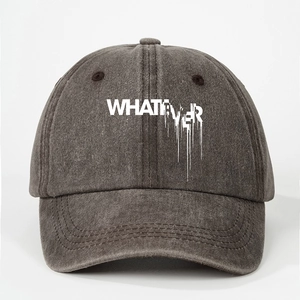 Adjustable washed canvas baseball cap in dark grey with WHATEVER printed graphic