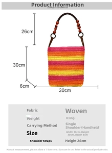 Detail of colorful woven straw bucket bag with size markers and wooden beads
