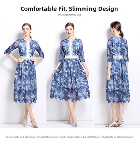 Detailed multi-angle view of a blue hollow out lace midi dress with white trim