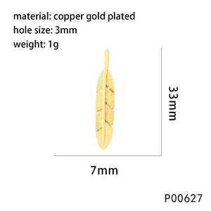 Macro view of gold-plated feather pendant with detailed size 33mm and 1g weight specs