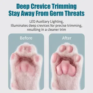 Professional pet paw hair trimmer showing before and after grooming results with LED light