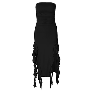 Sleeveless strapless black midi dress with waist ruching and side ruffle details