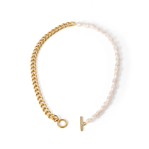 French vintage freshwater pearl necklace with half gold titanium chain and OT buckle