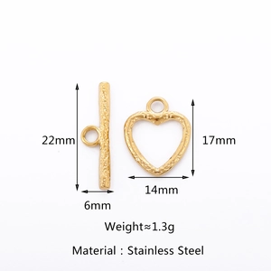 Detailed size chart of gold stainless steel heart-shaped OT toggle clasp for DIY jewelry