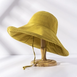 Detail of wide brim sun hat with decorative stitching and adjustable chin strap