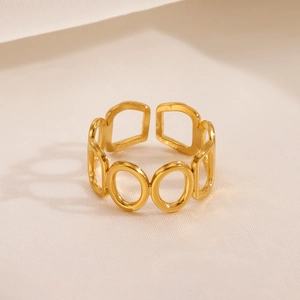 Bague Chaîne Creuse Ovale Géométrique Acier Inoxydable Plaqué Or 18K Bijoux Doigt Ouverts Réglables Pour Femmes