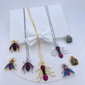 Insect Pendant Necklace Copper With Colorful Zircon Beetle Ant Bee Animal Theme Jewelry Gift For Women