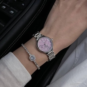 Women's silver stainless steel watch with marble dial and sparkling diamond bracelet