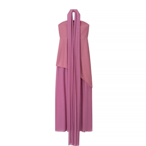 Detail of mauve halter neck maxi dress with mesh panels and flowing tie-back ribbons