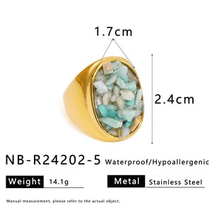 Detail showing 14.1g gold stainless steel ring with blue natural stone and dimensions