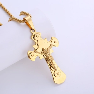 Hip Hop Herren Jesus Kruzifix Anhänger Halskette 18K Vergoldeter 316L Edelstahl Religiöser Schmuck Accessoire