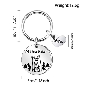 Mama Bear stainless steel keychain with heart pendant and engraved gift measurements