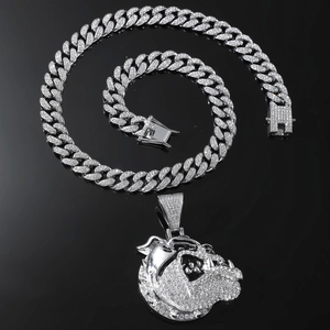 Silver iced out Cuban link chain with sparkling bulldog pendant for hip-hop style