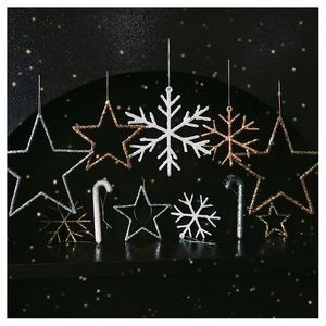 Glittery gold and silver Christmas star, snowflake, and candy cane tree decorations