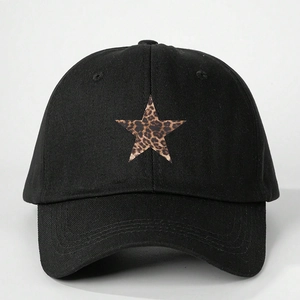 Black cotton baseball cap featuring a stylish leopard print star design on the front