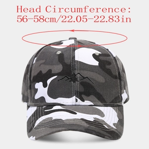 Camo baseball cap detail showing 56-58cm head circumference size specification