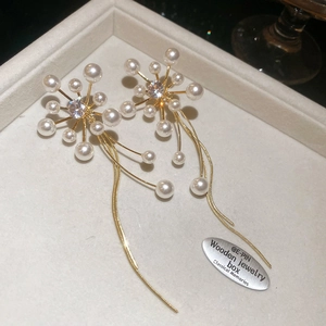 Detail of flower earrings with zircons, pearls, and golden tassels on a display stand