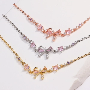 Elegant O-chain bow necklaces with zircon in rose gold, silver, and gold finishes