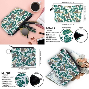 Detailed size view of polyester makeup bag and mini wallet with sloth pattern set