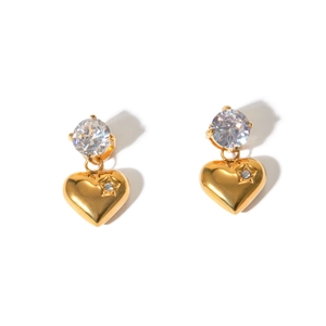 Polished 18k gold stainless steel heart earrings with star engraving and zircon stones