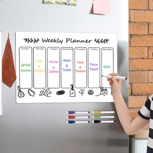 Magnetic weekly planner on fridge showing 8 colored markers and a child writing a meal plan