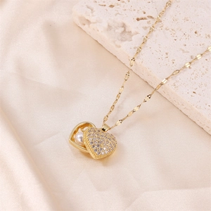 Heart Locket Pendant Necklace Stainless Steel 18K Gold Plated Cubic Zirconia Shell Artificial Pearl Clavicle Chain For Women