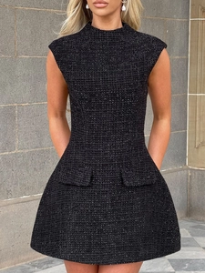 Elegantes schwarzes ärmelloses Tweed-Minikleid mit Pattentaschen für Damen Mode 2025