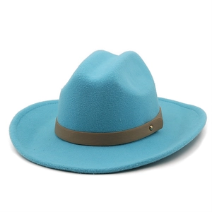 Sky blue wool felt fedora hat with a brown leather band and gold stud accent details