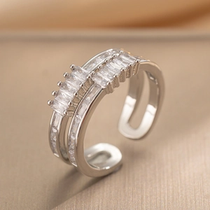 Elegant double-layer silver open ring with micro-set rectangular zircons for women