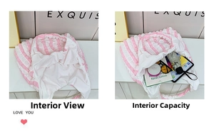 Internal view of pink striped puffy tote bag showing large capacity for essentials