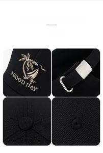 Detail of coconut tree embroidery and silver metal buckle on a black baseball cap