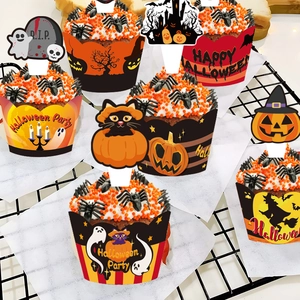 Halloween cupcake liners and toppers set featuring pumpkin ghost and castle patterns