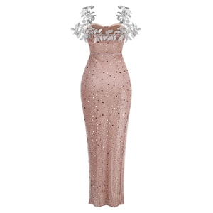 Slim fit nude evening gown with silver sequins and 3D leaf appliques on the shoulder