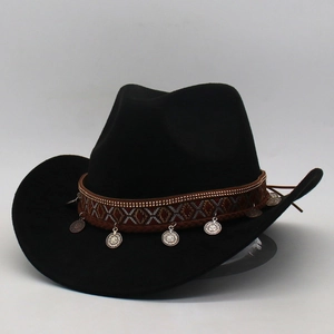 Western Cowboy Hat Felt Ethnic Band Silver Coin Charms Bohemian Retro Wide Brim Fedora For Men Women