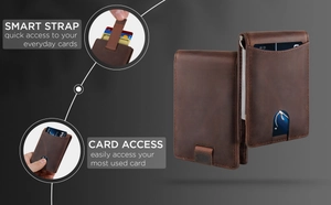 Detail of slim carbon fiber wallet with smart pull strap for quick card access