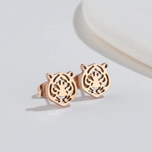 Rose gold hollow tiger head earrings crafted in polished stainless steel for women