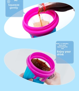 Detail of pouring drinks and squeezing the blue 500ml DIY slushy maker cup for ice