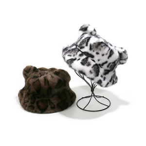Winter plush bucket hat with bear ears in leopard print and dalmatian spots