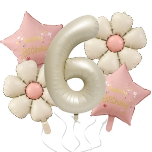 Beige number 6 balloon set with daisies and happy birthday pink stars for party decoration