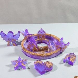 Purple resin DIY mold set with gold foil leaf tray and small angel house ornaments