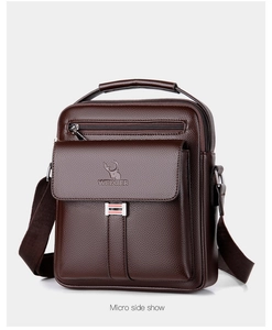 Detail showing high-quality lychee textured leather and front flap pocket on a brown bag