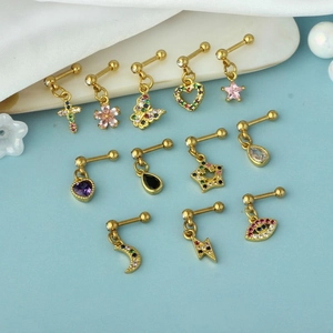 Set of 11 gold-plated stainless steel cartilage earrings with colorful zircon pendants