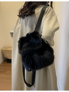 Cute black faux fox fur backpack with large capacity for autumn and winter outfits
