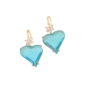 Asymmetric gold heart earrings with light blue crystals and star-shaped zircon accents